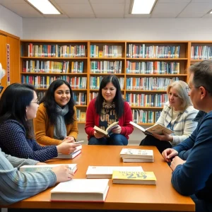 Community members attending a meeting at a school library to discuss challenged books.