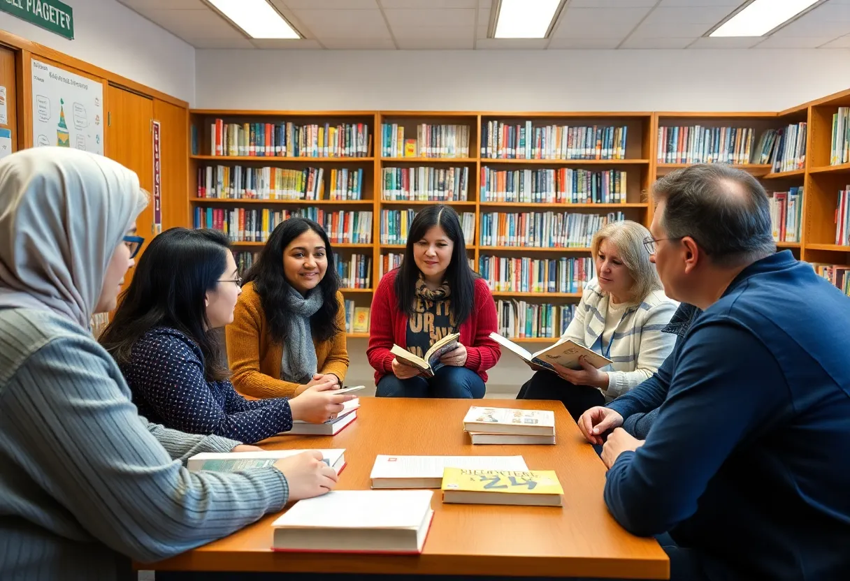 Community members attending a meeting at a school library to discuss challenged books.