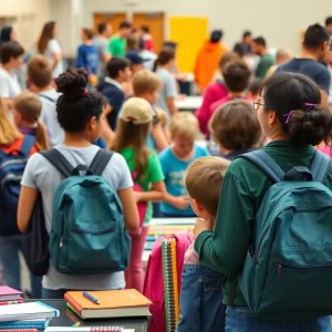 Families attending the Beaufort County Back-to-School Expo with school supplies.