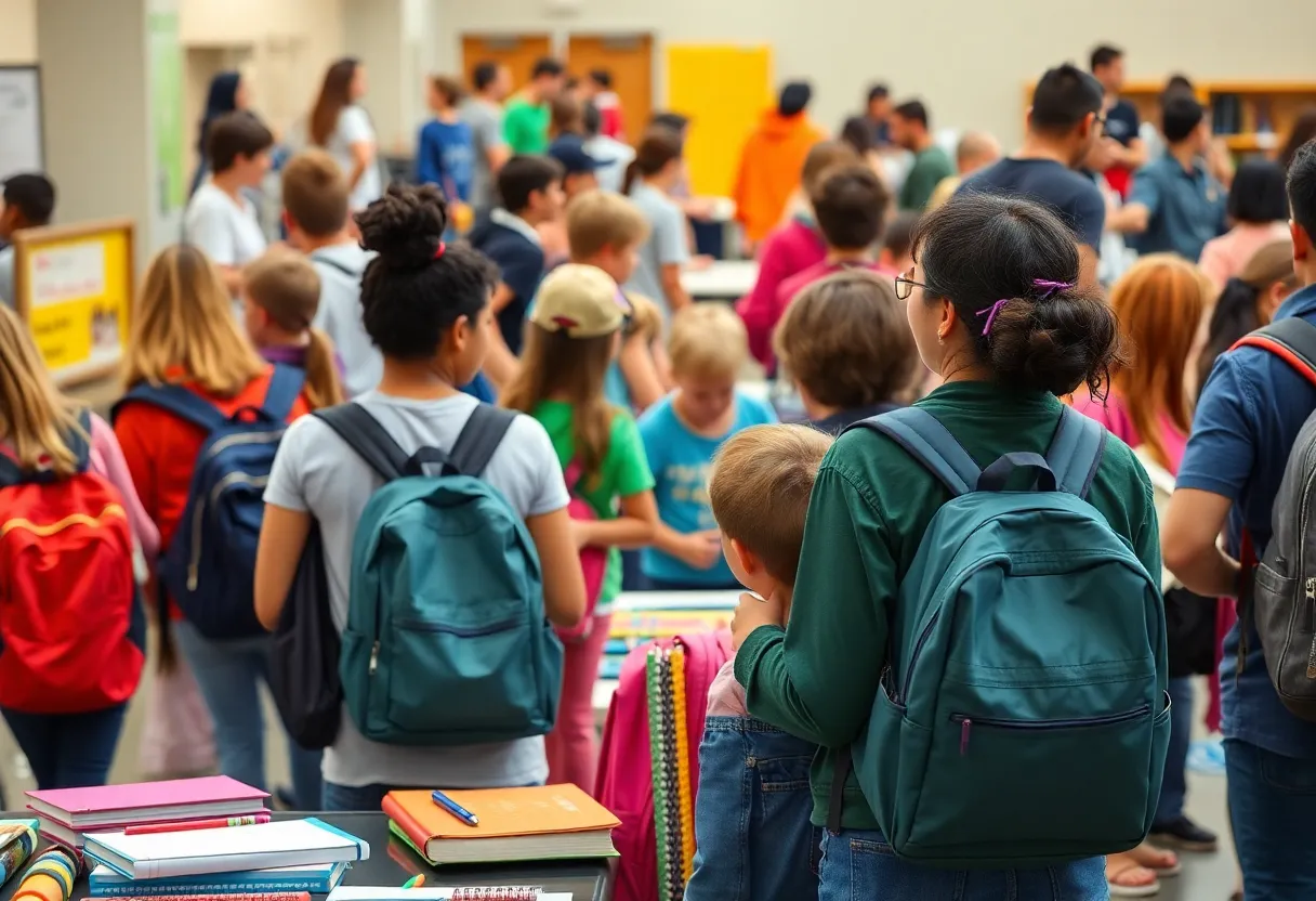 Families attending the Beaufort County Back-to-School Expo with school supplies.
