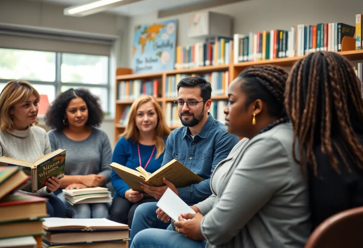 Parents and educators discussing book challenges in a school library.