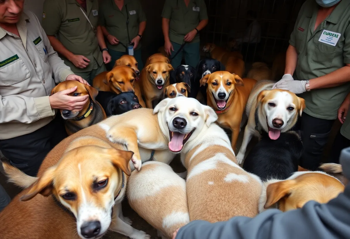 Dogs being rescued from dog fighting situation