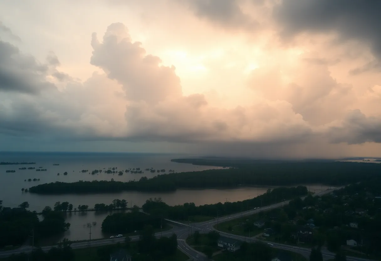 Heavy rain clouds over Beaufort County with flooded road signage.