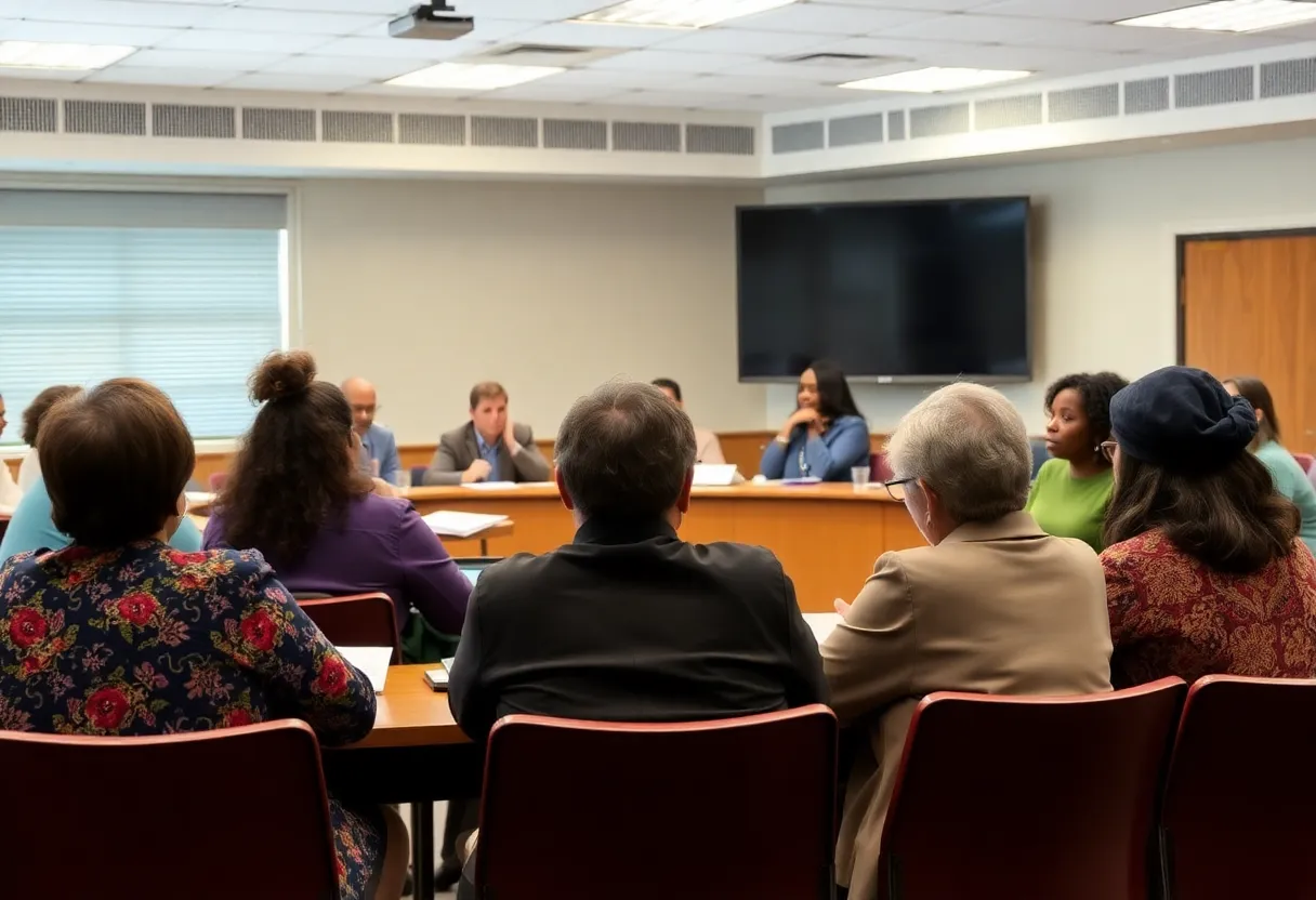 Community members gathered at Beaufort County School Board meeting discussing policy changes.