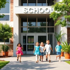 A school building in Beaufort County with students entering