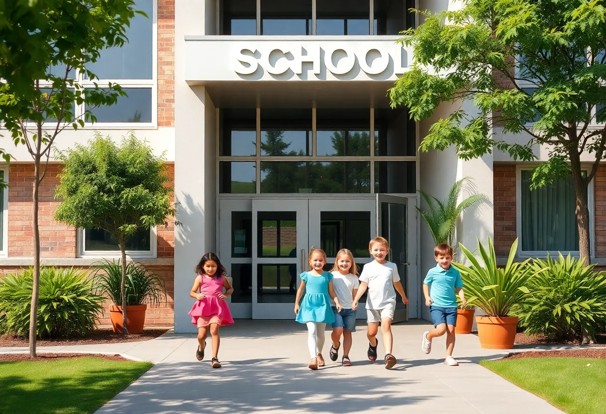 A school building in Beaufort County with students entering
