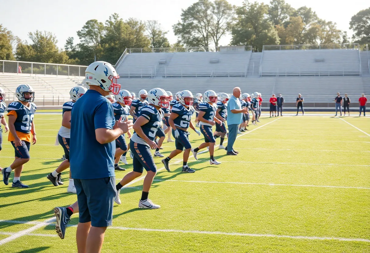 Beaufort Eagles football team practicing on the field.