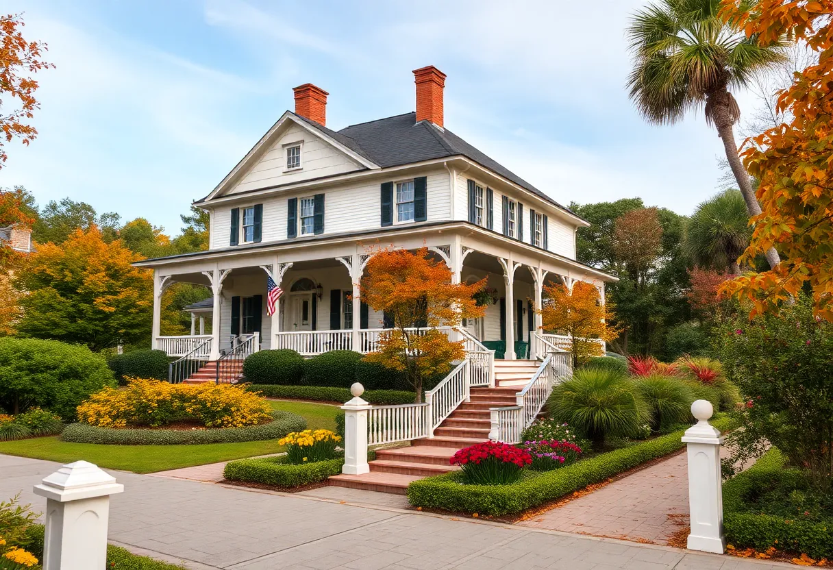 Historic house in Beaufort surrounded by autumn gardens