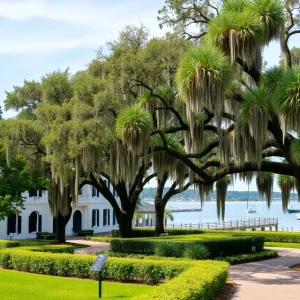 Historic architecture in Beaufort SC with Spanish moss