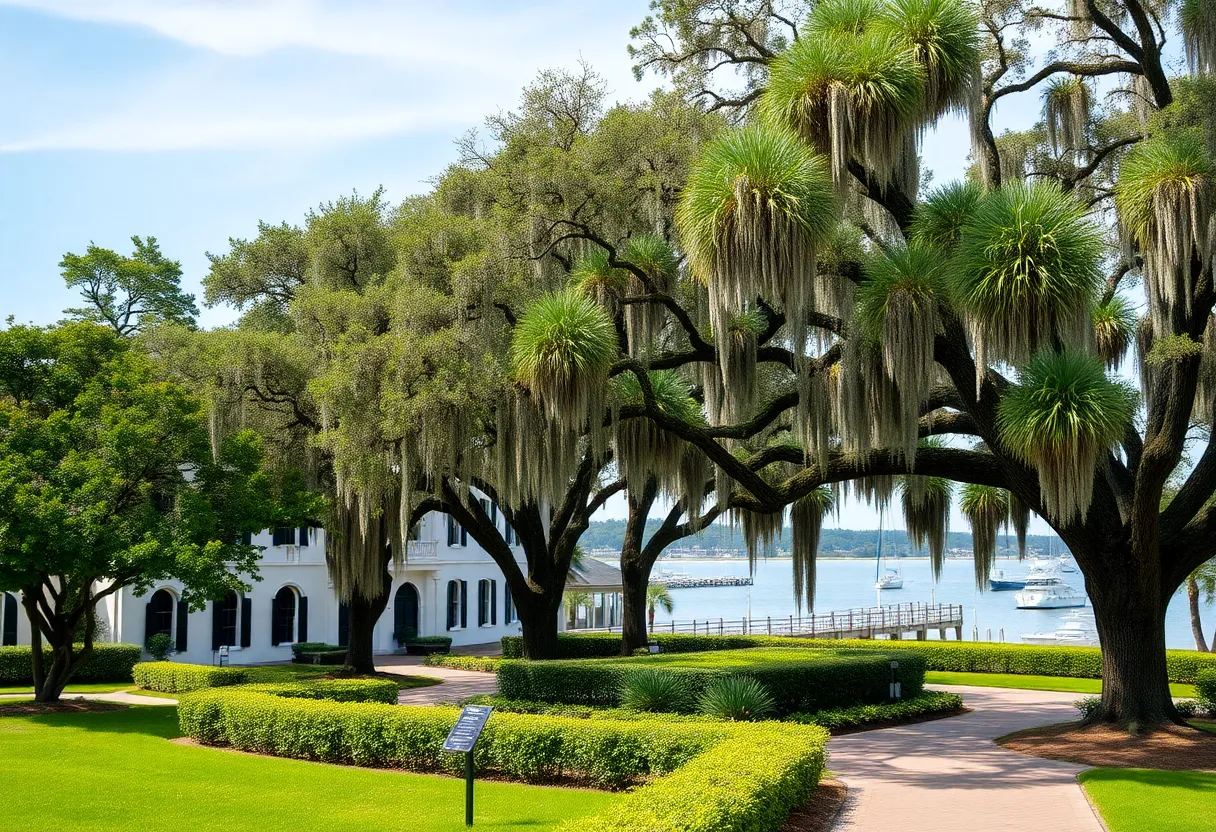 Historic architecture in Beaufort SC with Spanish moss