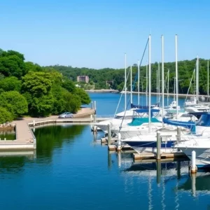 View of Beaufort Marina with boats and greenery