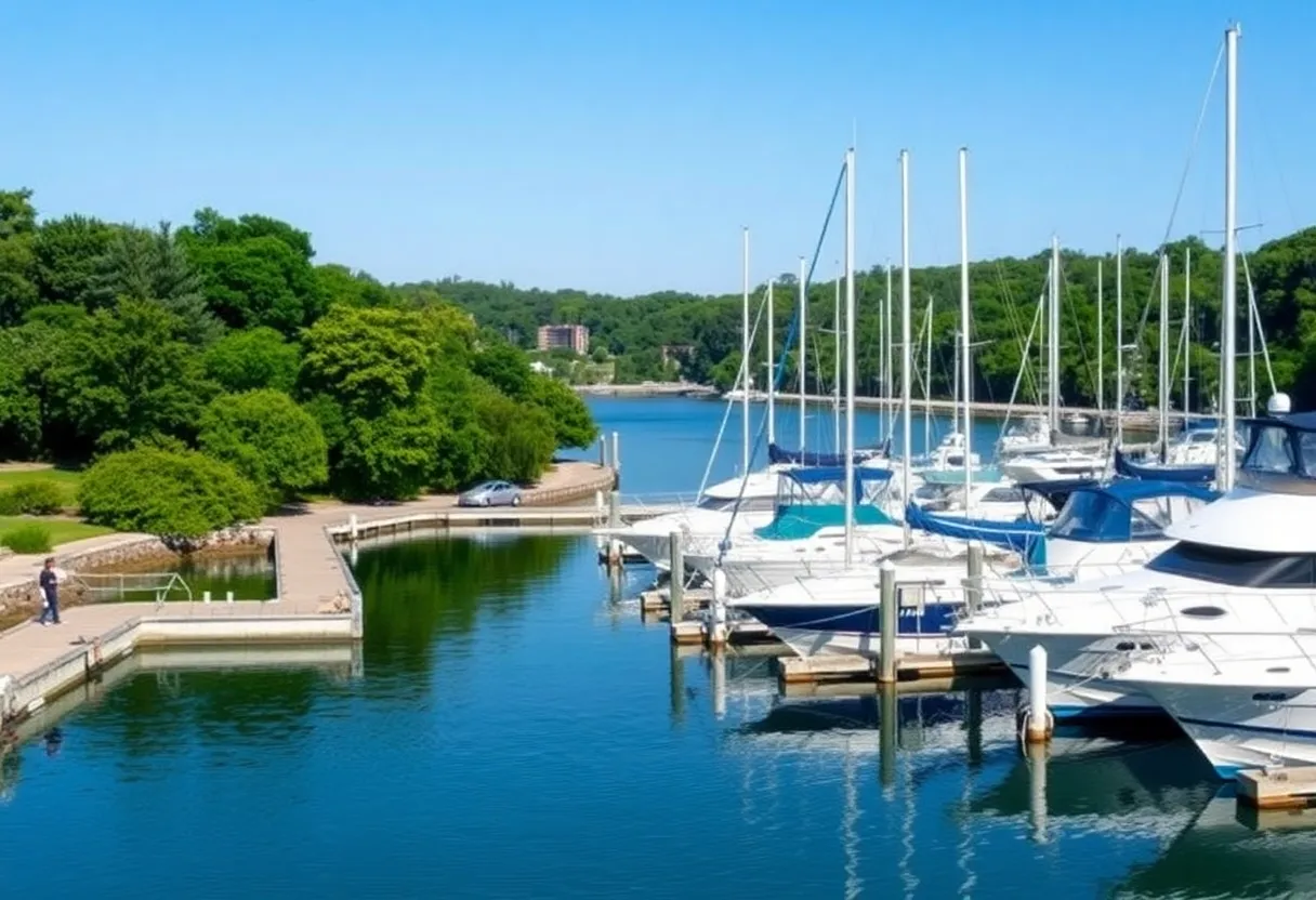 View of Beaufort Marina with boats and greenery