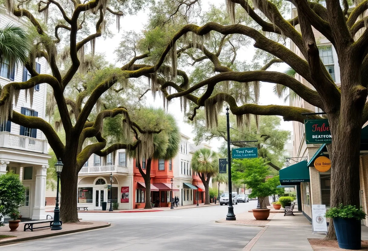 Scenic view of historic buildings and live oaks in Beaufort, SC