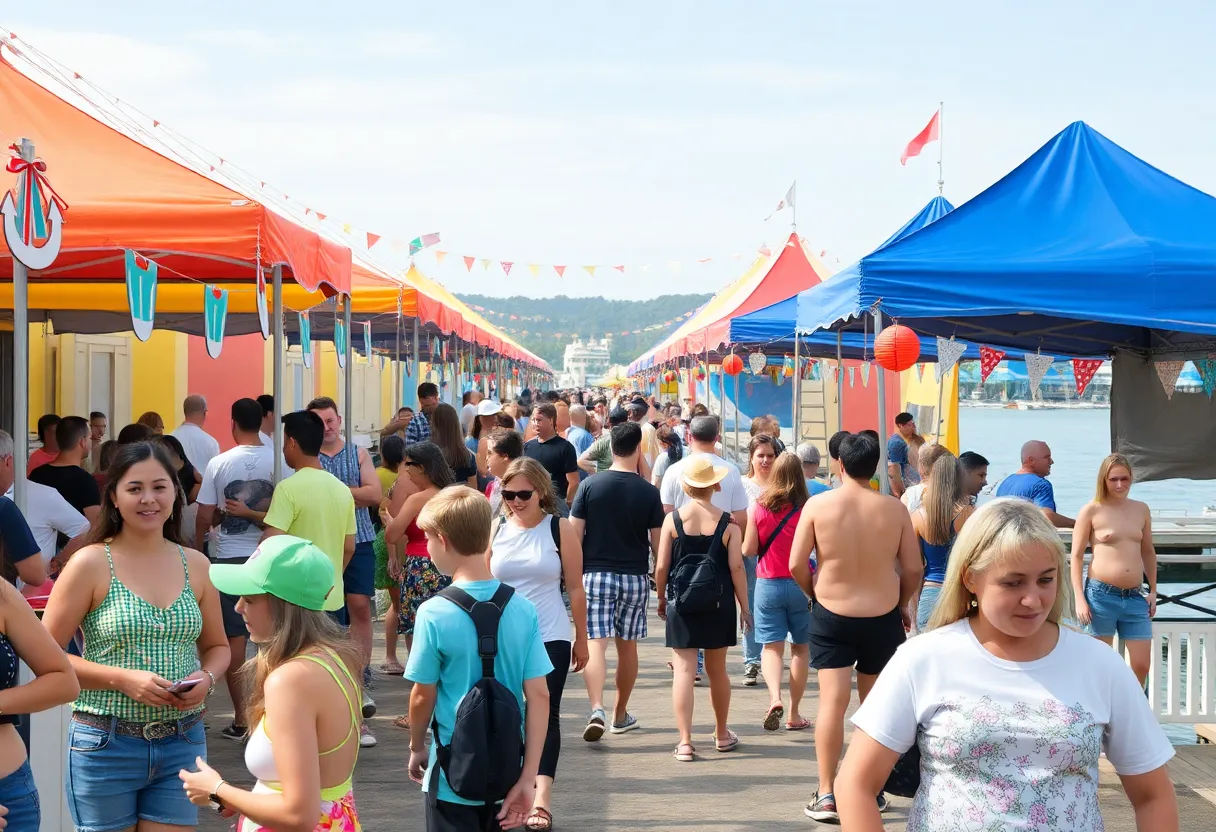 Festive scene from Beaufort Water Festival with attendees and activities