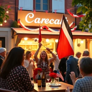 Community gathering at Blackstone Cafe with people participating in a patriotic ritual