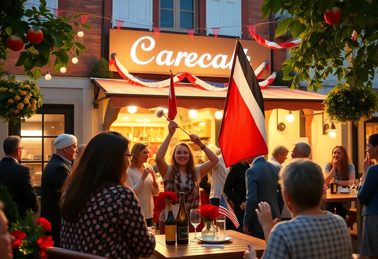 Community gathering at Blackstone Cafe with people participating in a patriotic ritual