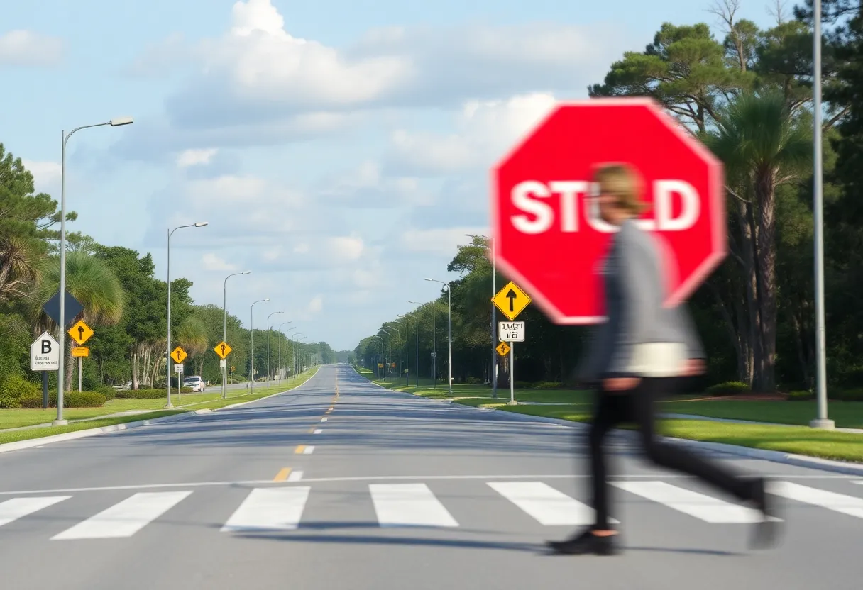 A scene depicting Bluffton Parkway with caution signs and pedestrian crossing.