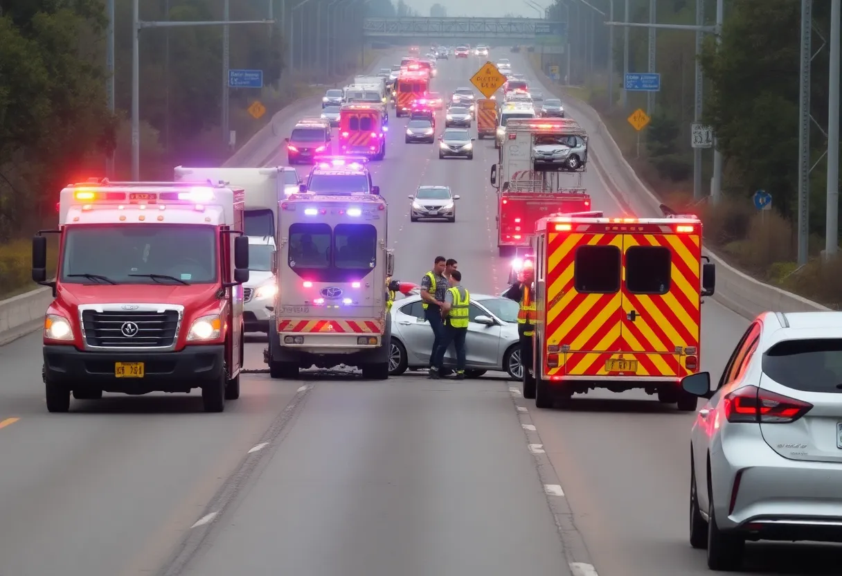 Emergency response teams at a vehicle accident scene on Savannah Highway.