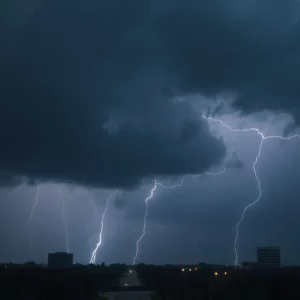 Dark storm clouds over Charleston, SC indicating severe weather.