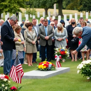 Community members at a veteran's committal service laying flowers