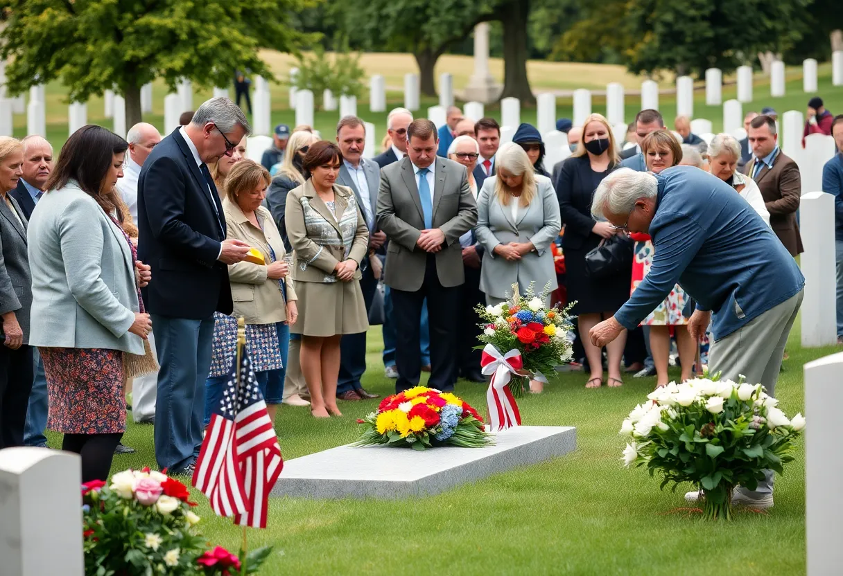 Community members at a veteran's committal service laying flowers
