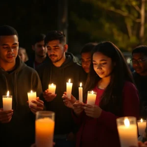 Community members gathered with candles in remembrance of a youth shooting victim.