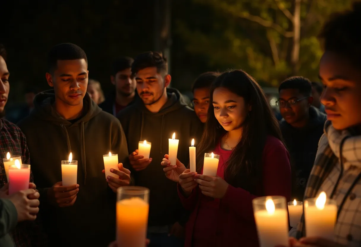 Community members gathered with candles in remembrance of a youth shooting victim.