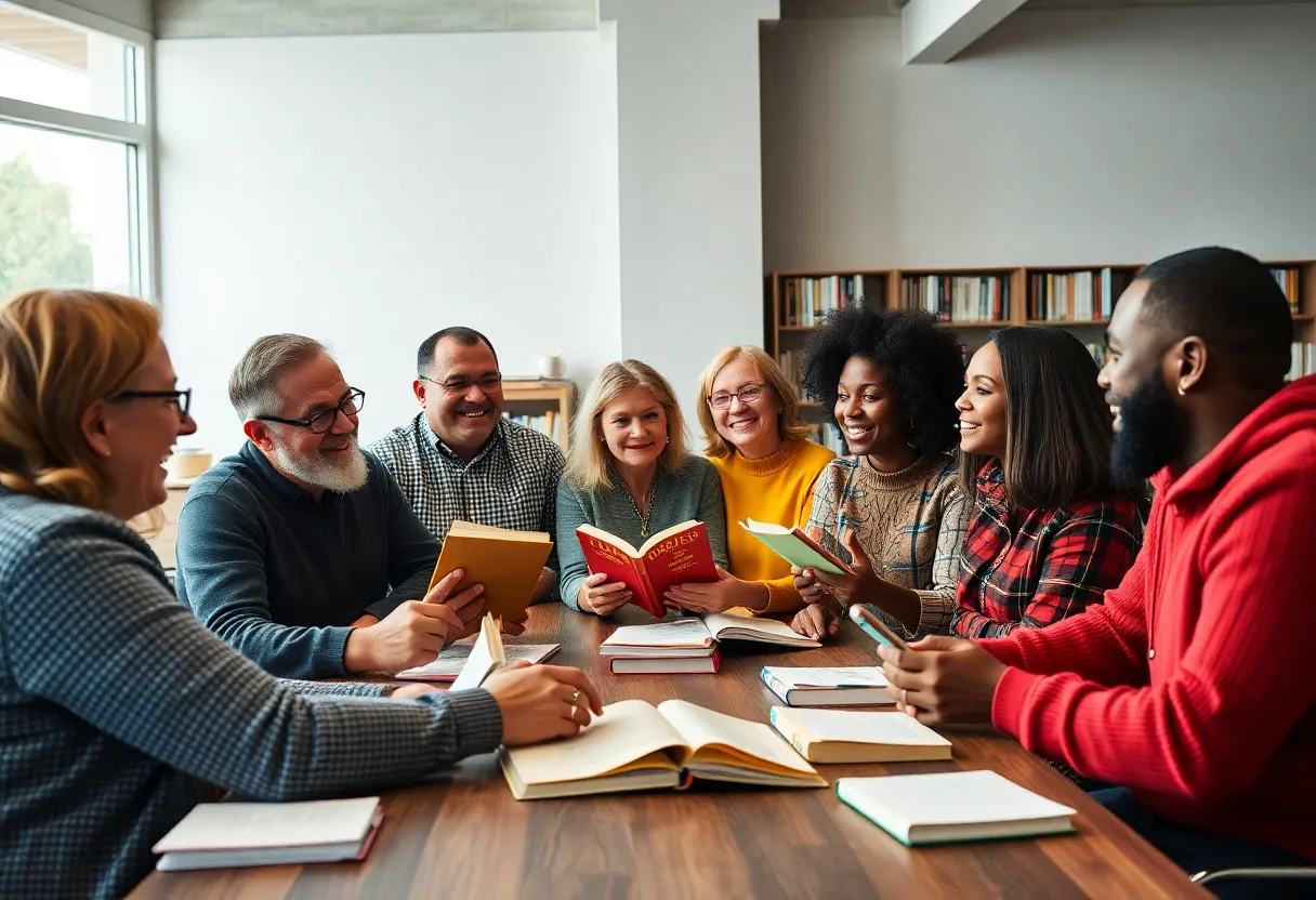 Community members discussing library book challenges