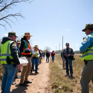Community members and law enforcement searching for a missing individual.