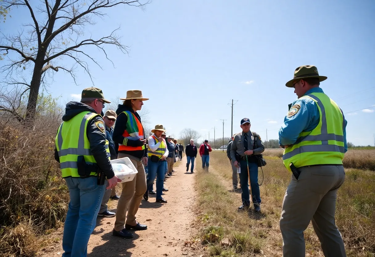 Community members and law enforcement searching for a missing individual.
