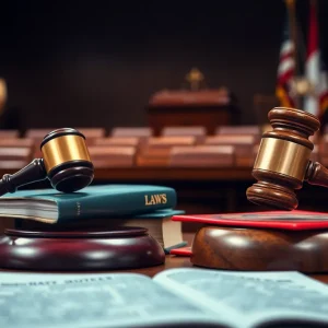 Courtroom scene depicting legal proceedings