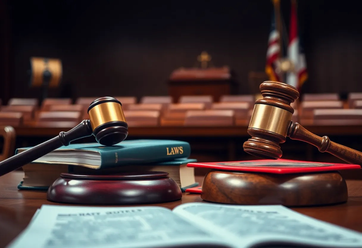 Courtroom with legal documents and a judge's gavel