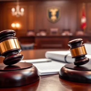 Courtroom setting depicting legal proceedings related to misconduct charges.