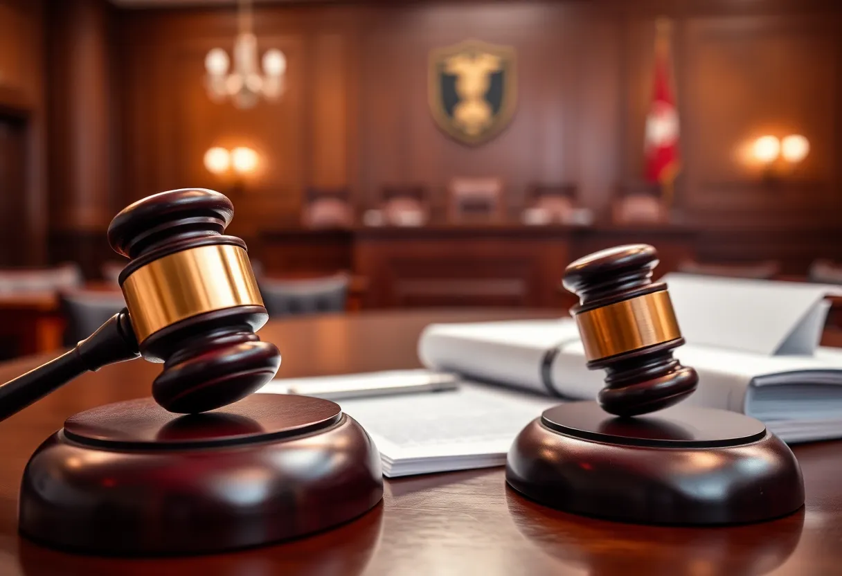 Courtroom setting depicting legal proceedings related to misconduct charges.