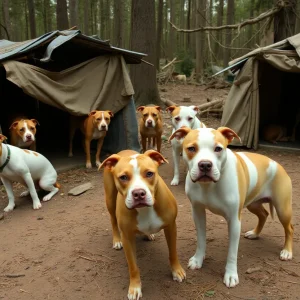 Pit bull-type dogs in a wooded area showing signs of neglect