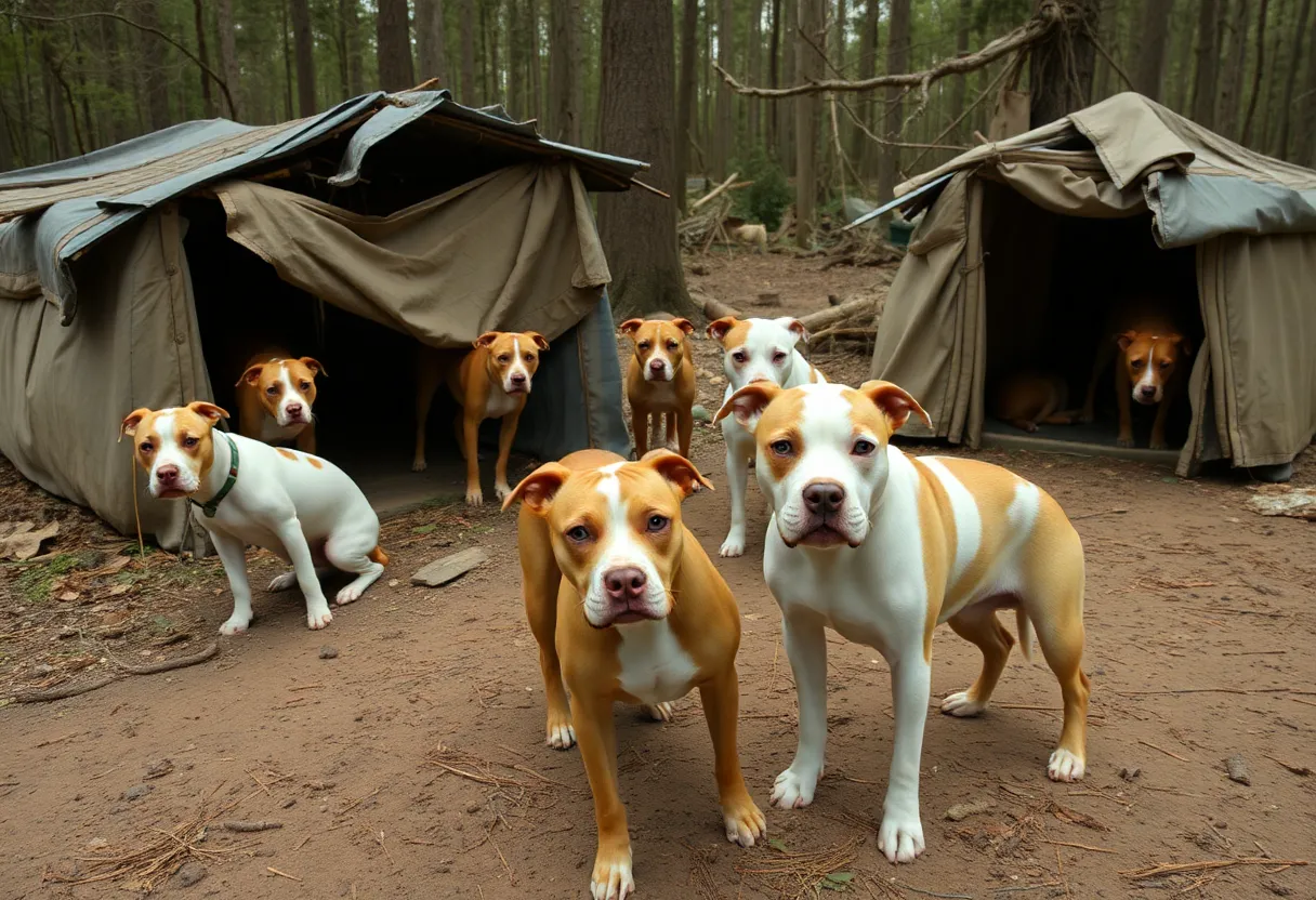 Pit bull-type dogs in a wooded area showing signs of neglect