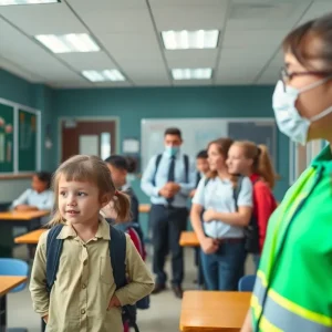 Detail of a school campus with security measures in place after a firearm incident.
