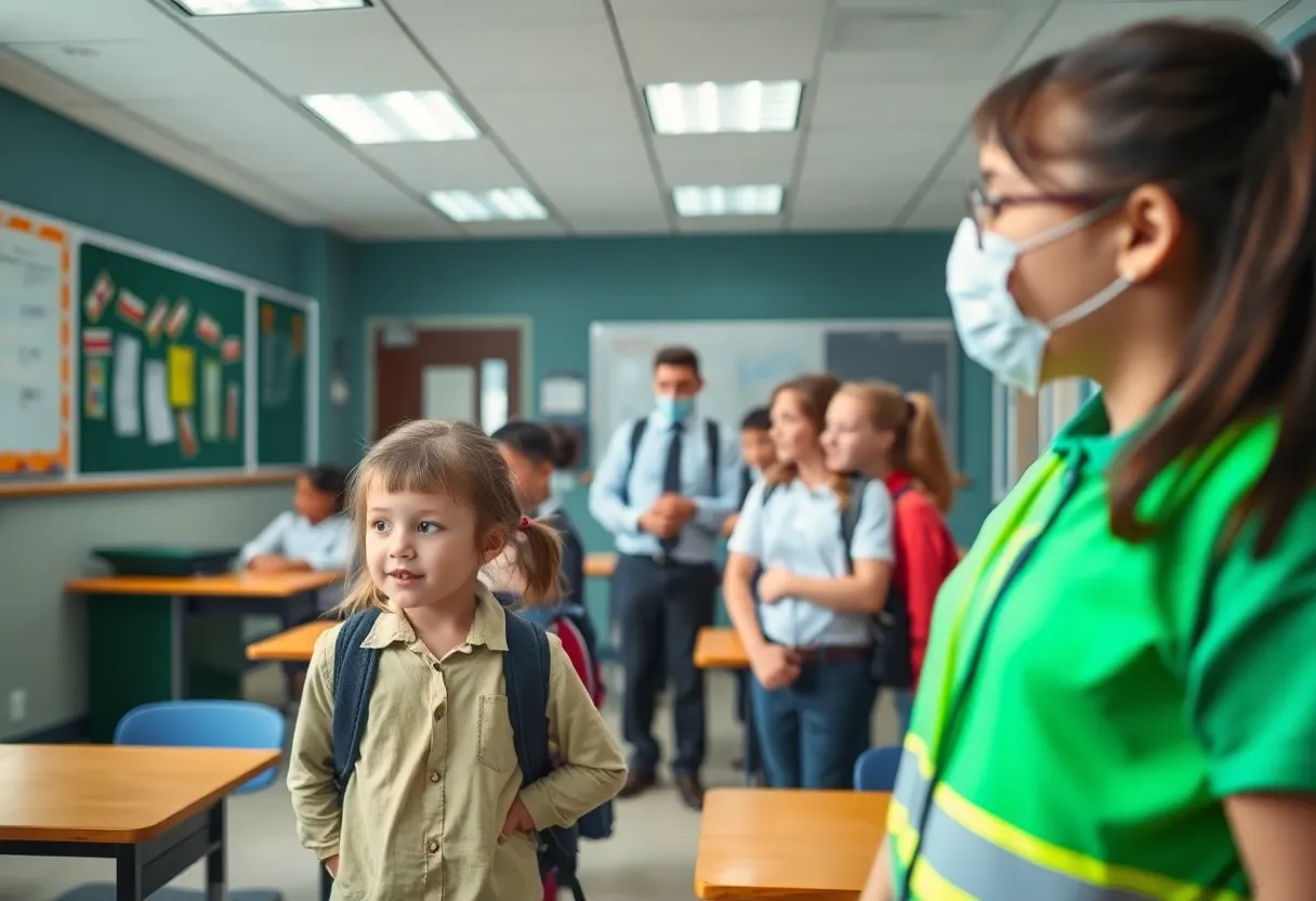 Detail of a school campus with security measures in place after a firearm incident.
