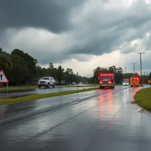 Flooded road with warning signs in Beaufort County, South Carolina