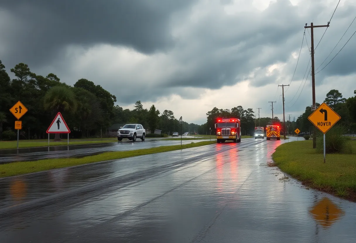 Flooded road with warning signs in Beaufort County, South Carolina