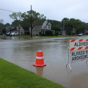 Flooded street in Beaufort, SC during heavy rain