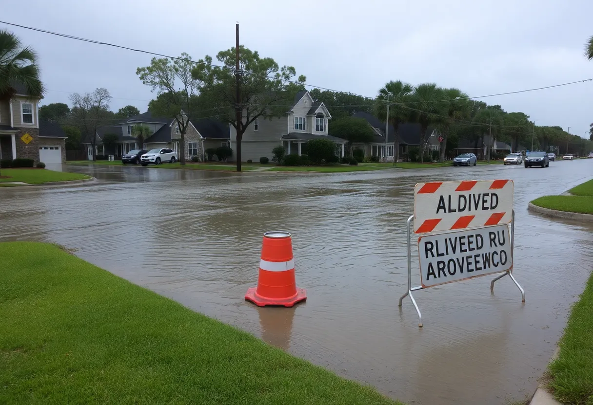Flooded street in Beaufort, SC during heavy rain