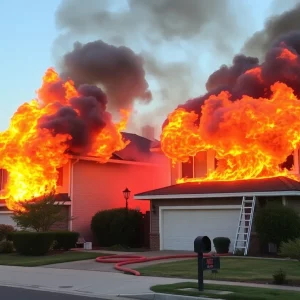 Residential area on fire with smoke and emergency responders