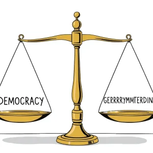 An illustration depicting the concept of gerrymandering versus democracy.