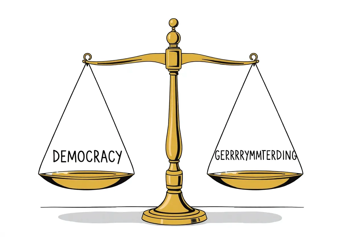 An illustration depicting the concept of gerrymandering versus democracy.