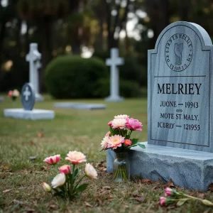 Gravestone with flowers at a cemetery in Beaufort, SC.