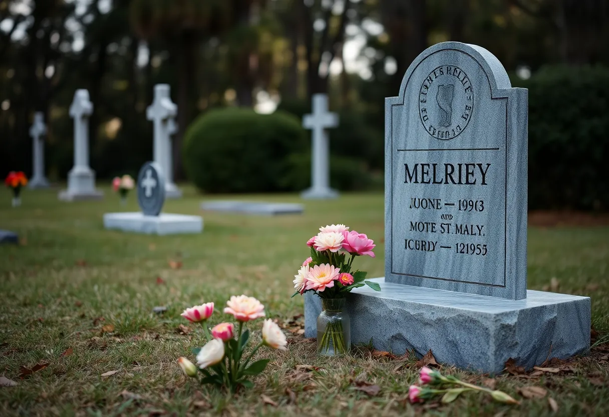 Gravestone with flowers at a cemetery in Beaufort, SC.