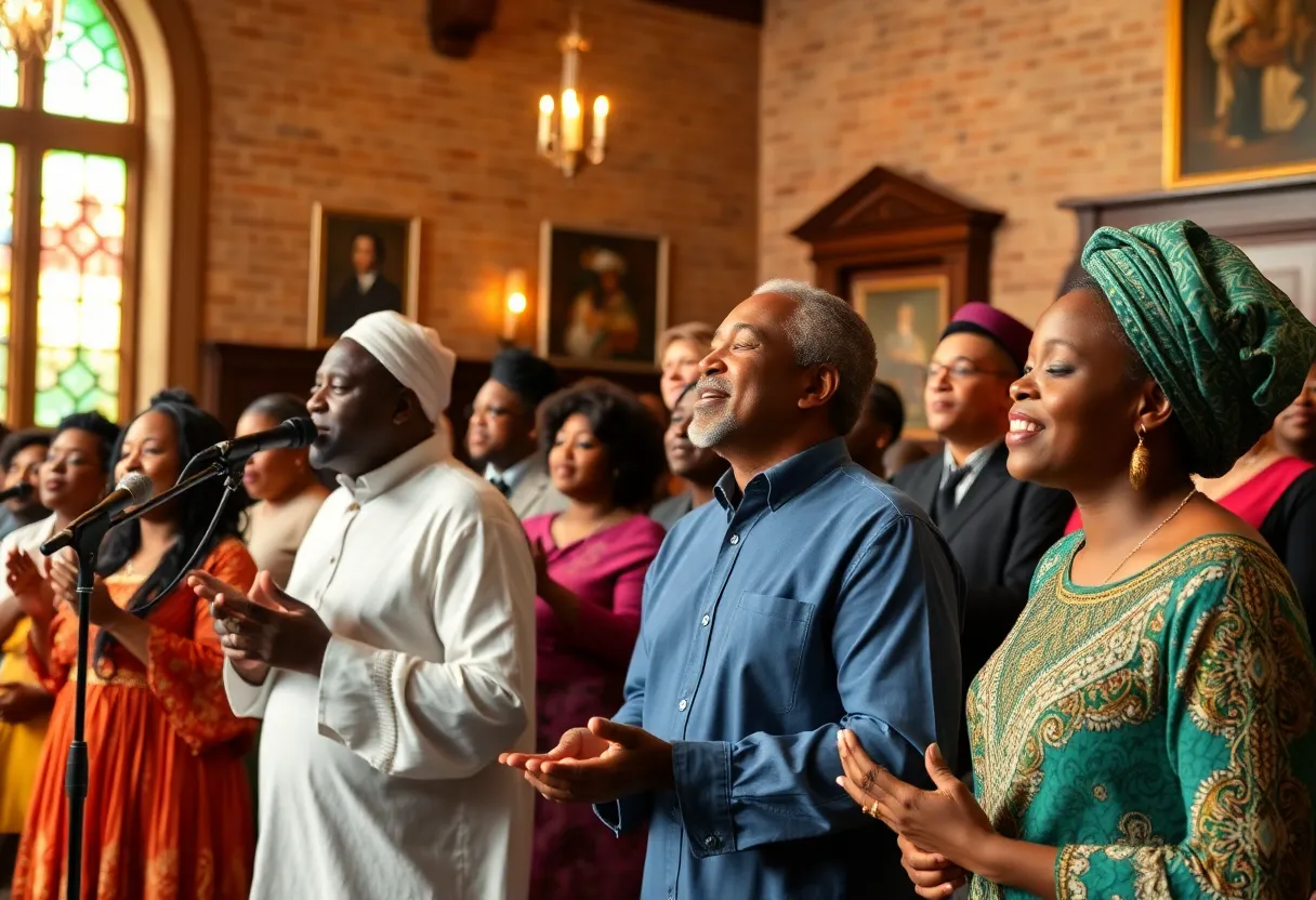 Gullah performers singing traditional spirituals at a community gathering.