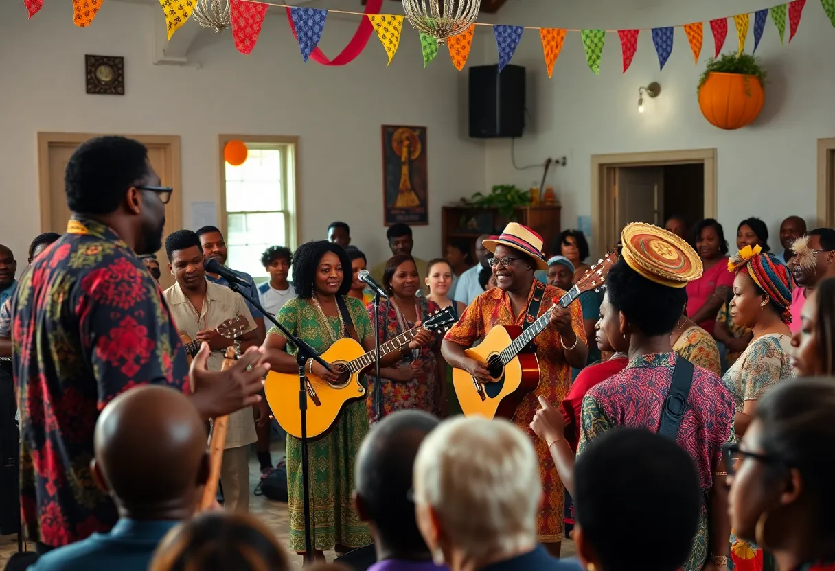Community gathering celebrating Gullah culture with traditional music performances.