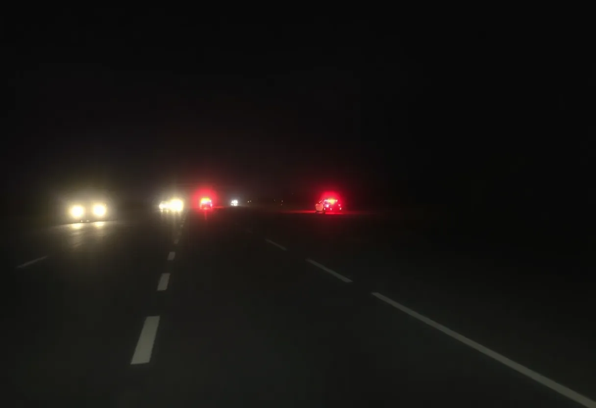 Nighttime view of a highway accident scene with emergency lights.